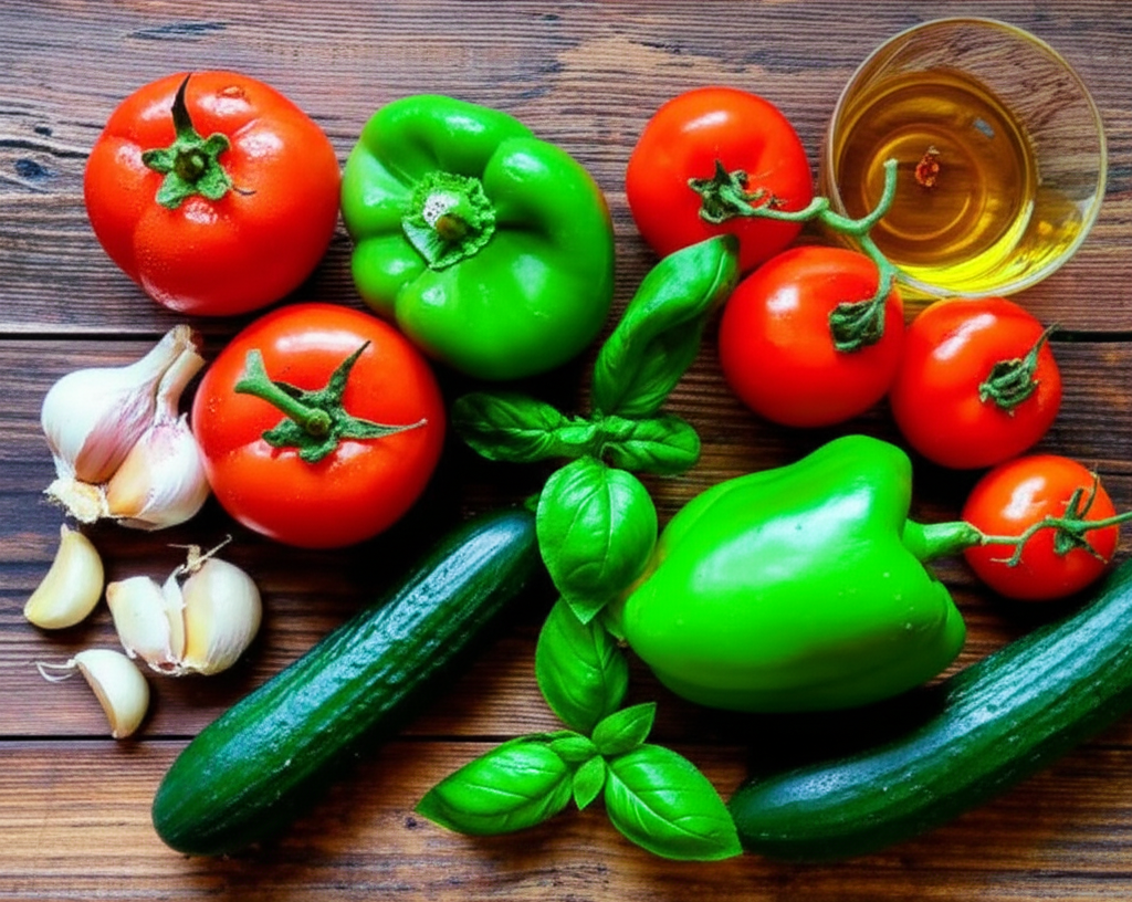 Beautiful spread of fresh ingredients, herbs, and cooking utensils on a wooden surface